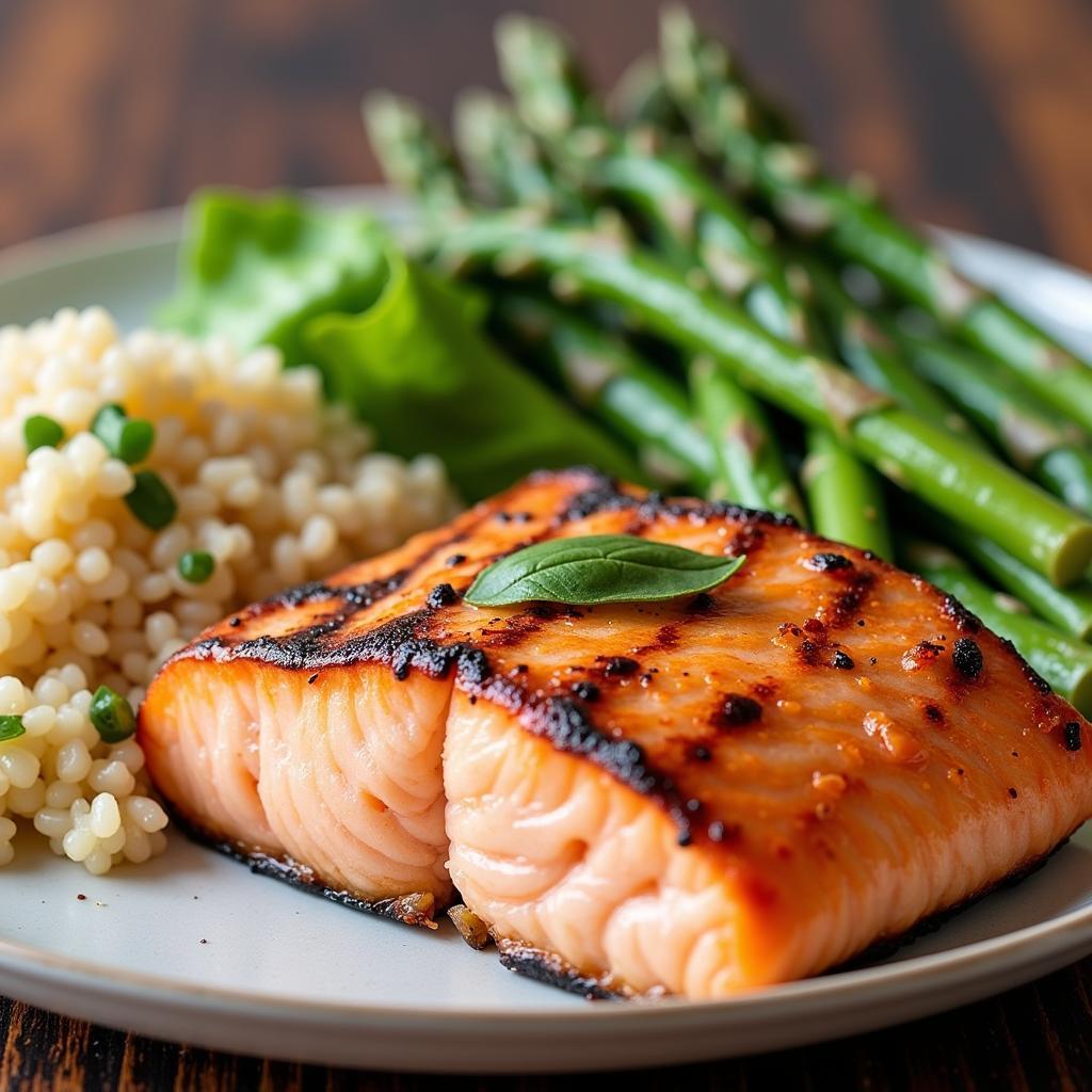 Close-Up of a Plate with Salmon, Asparagus, and Quinoa