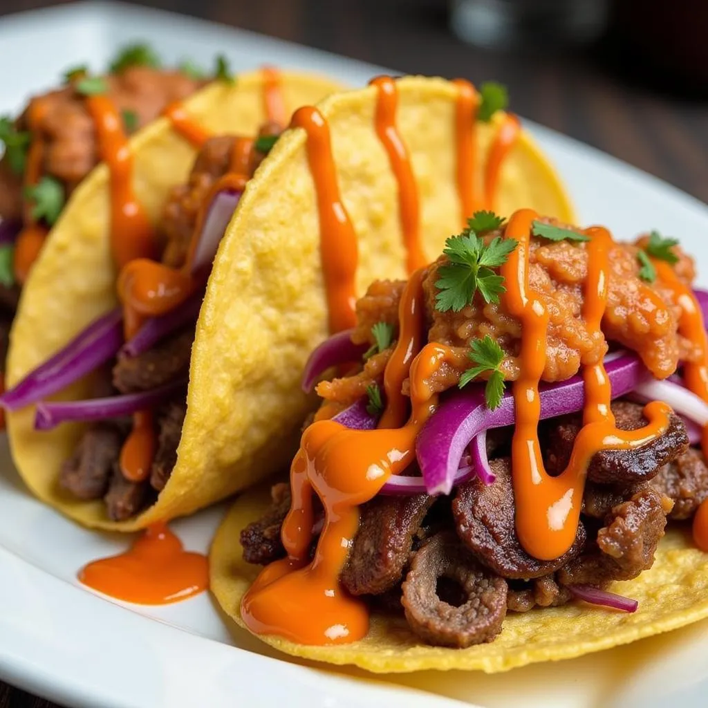 A close-up shot of the Korean BBQ tacos, showcasing the vibrant colors and textures of the dish.