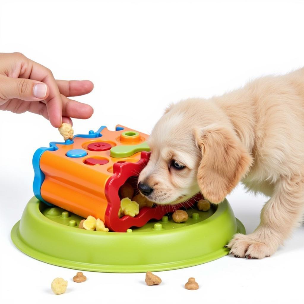 A Cockapoo puppy engaged with a puzzle feeder during mealtime