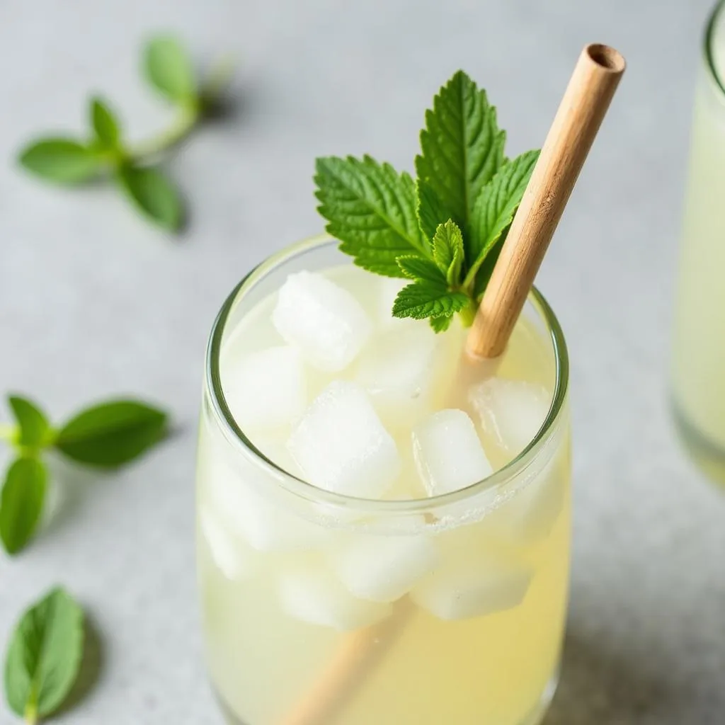 A refreshing glass of coconut water with a straw.