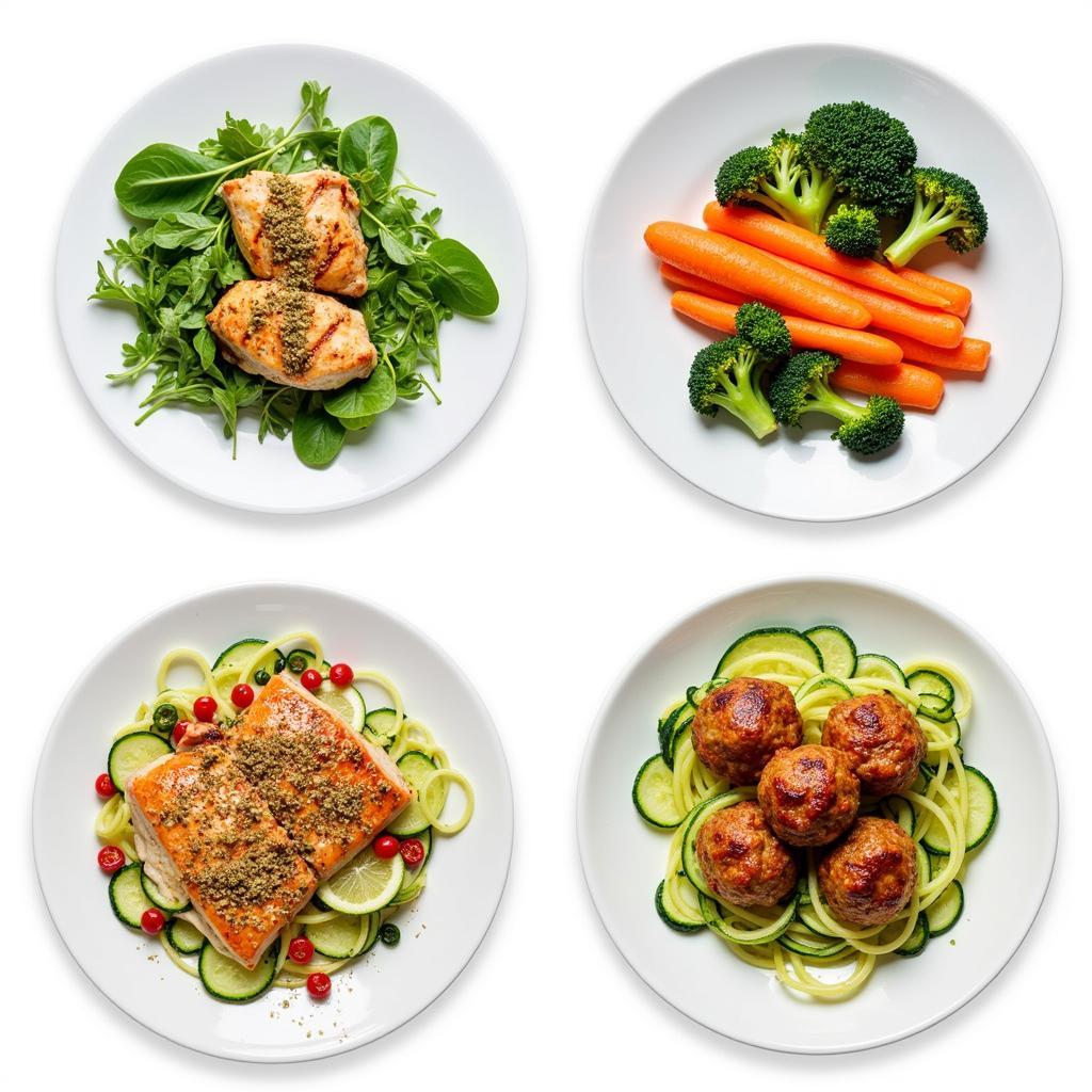 Example of a Code Red Meal Plan: Grilled Chicken Salad, Salmon with Roasted Vegetables, and Turkey Meatballs with Zucchini Noodles