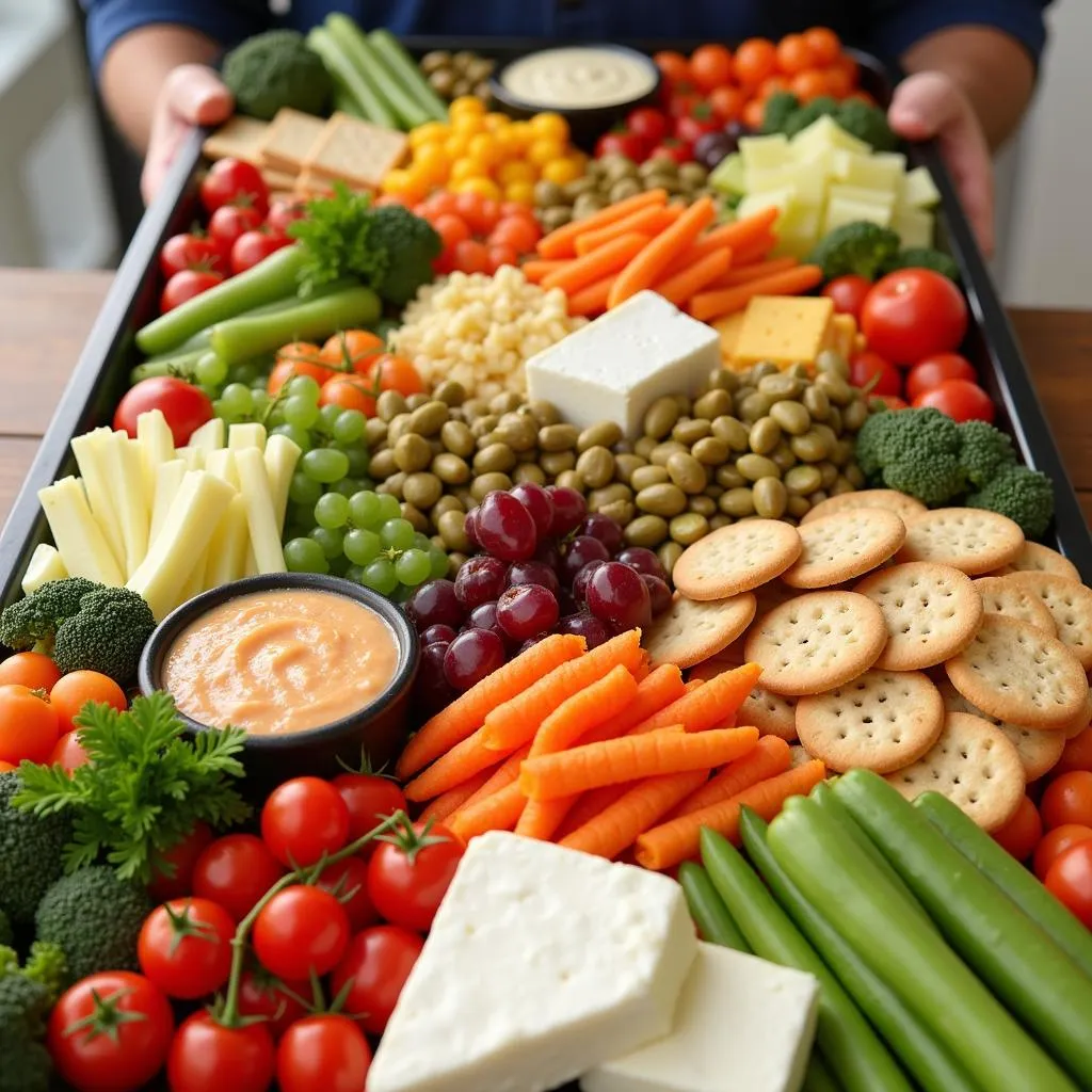 A colorful cold food tray with various snacks