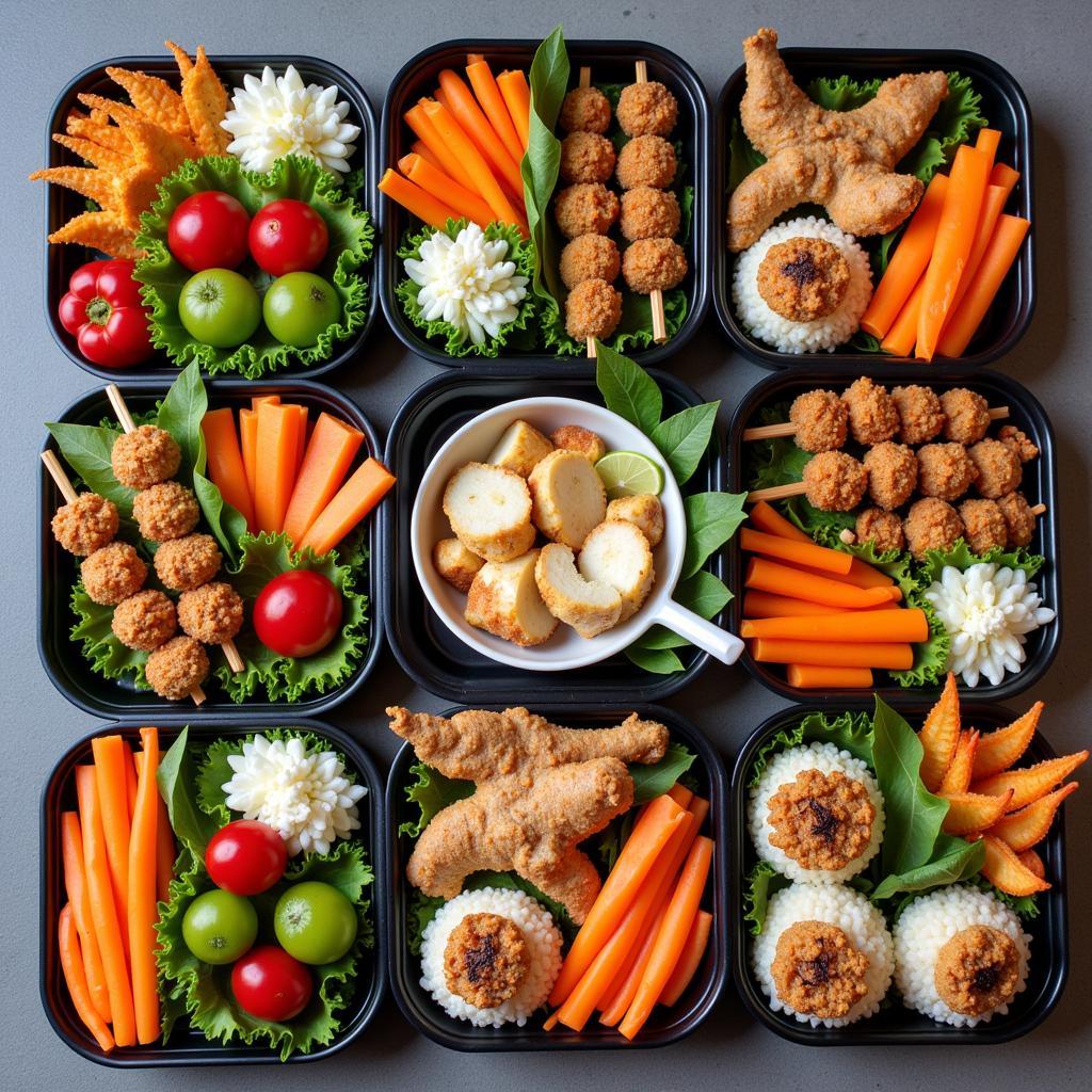 Colorful bento boxes with various food picks