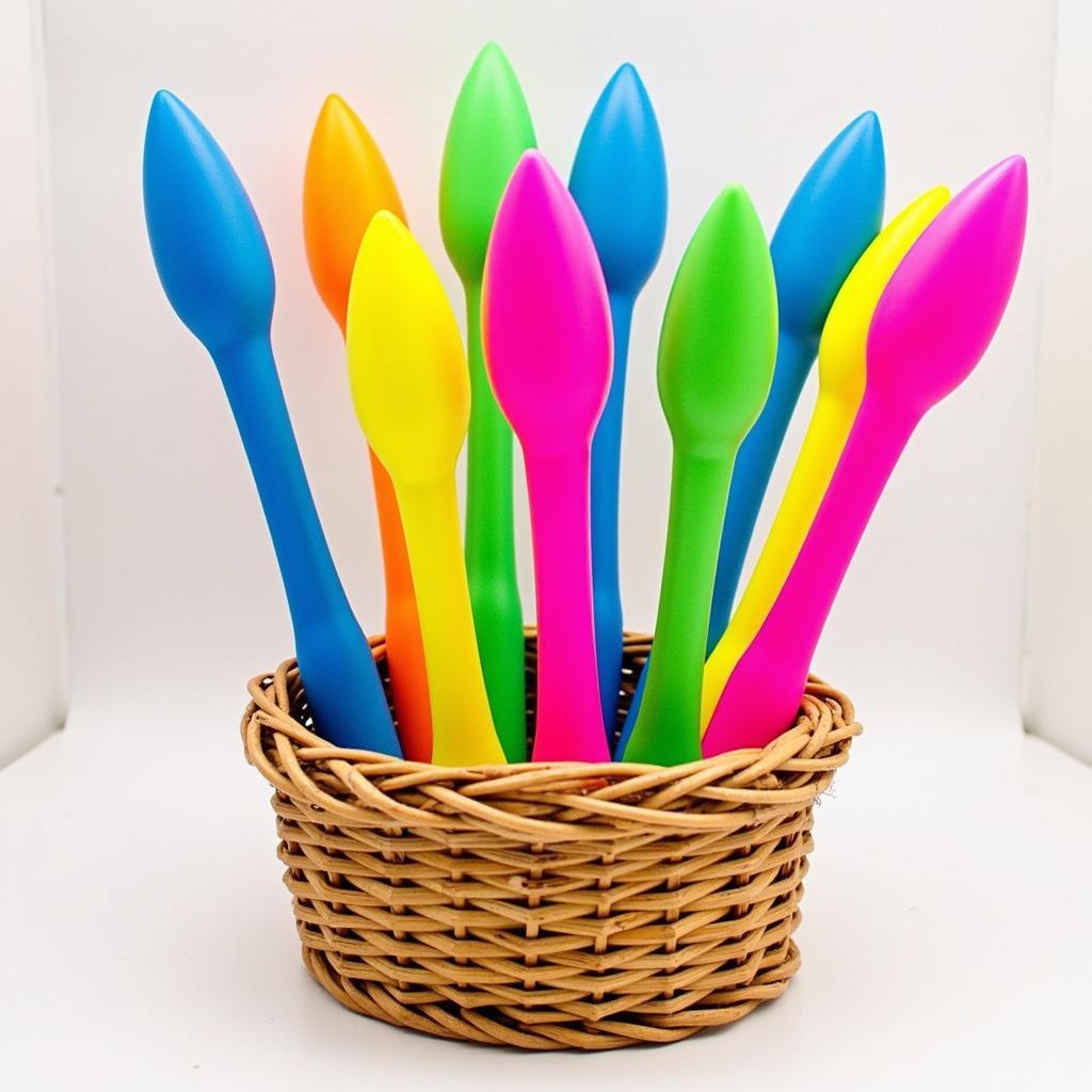  A collection of colorful bubble wands in a basket, ready to be handed out. 