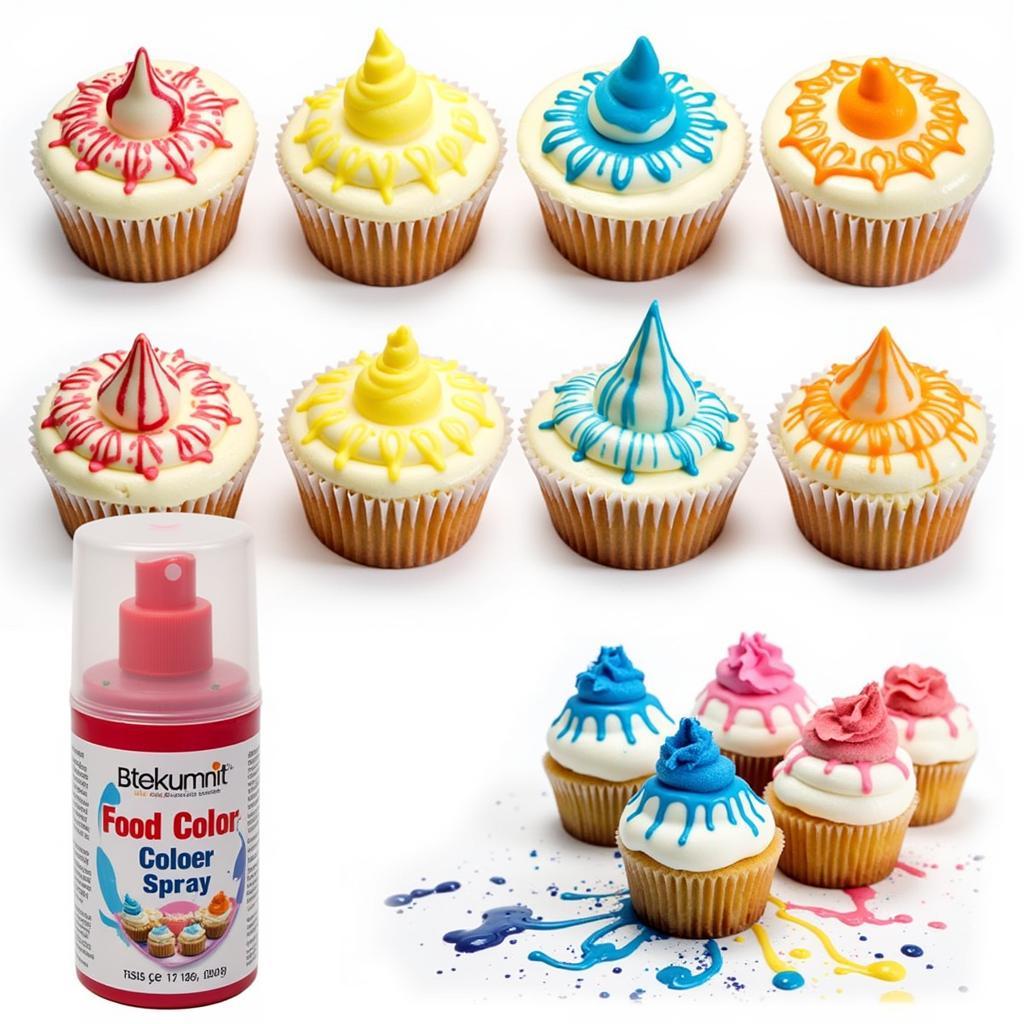 An array of colorful cupcakes embellished with food color spray.