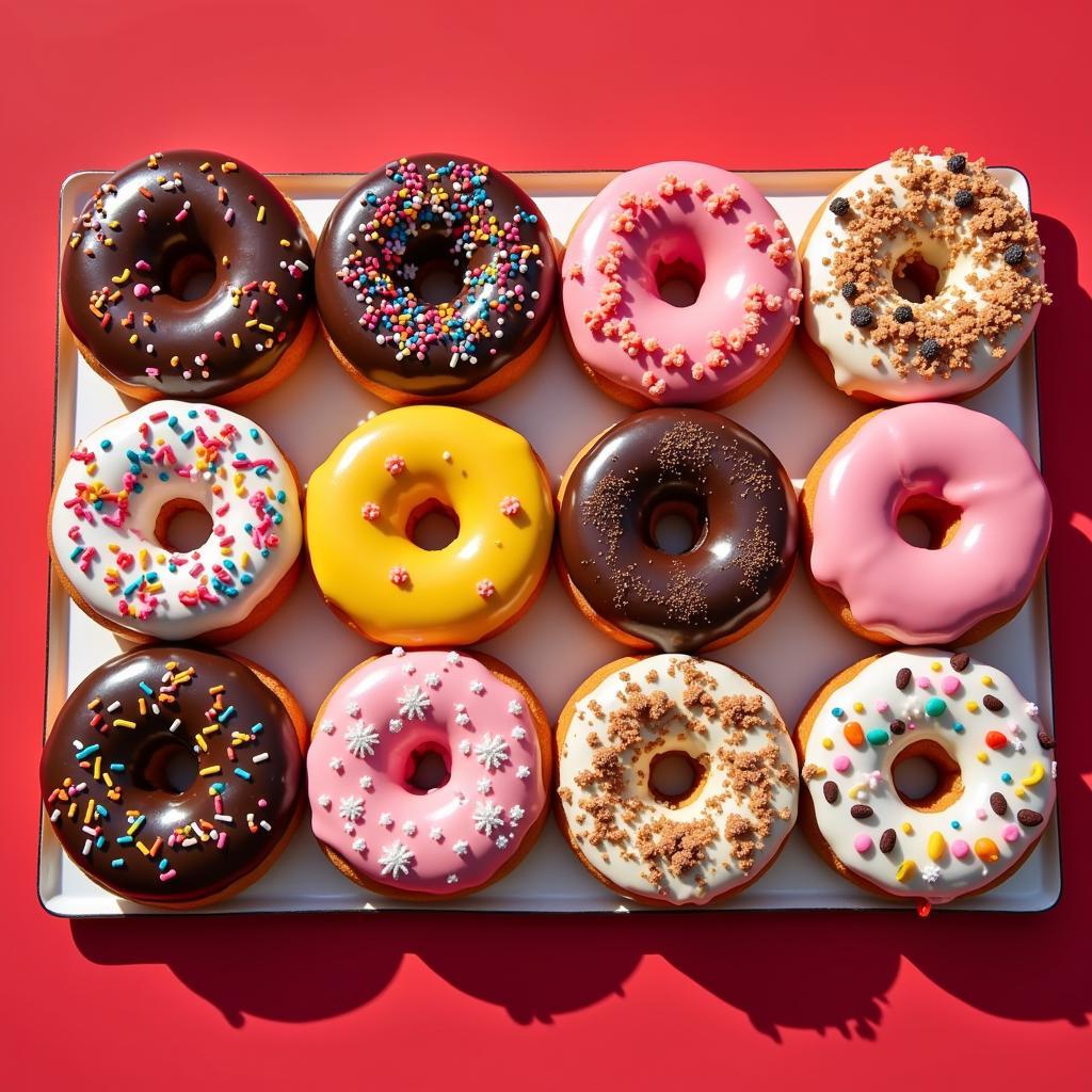 A variety of colorful donuts arranged on a tray