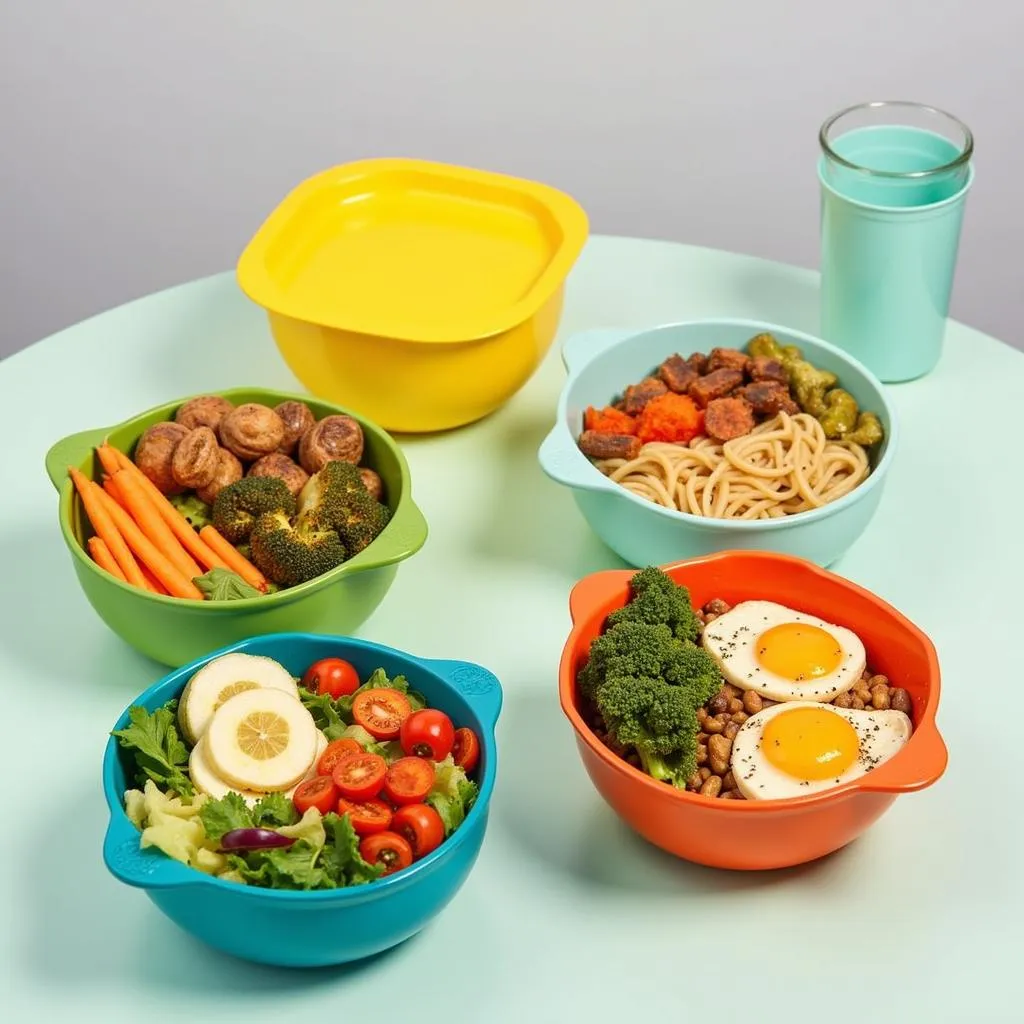 An assortment of colorful food bowls filled with a variety of delicious meals.