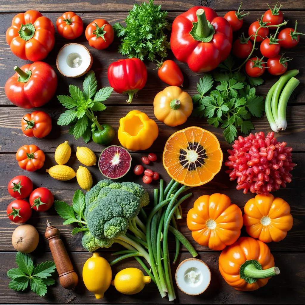 Colorful ingredients arranged on a rustic wooden table