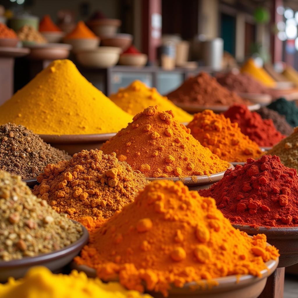 A kaleidoscope of colorful spices in a bustling basar market