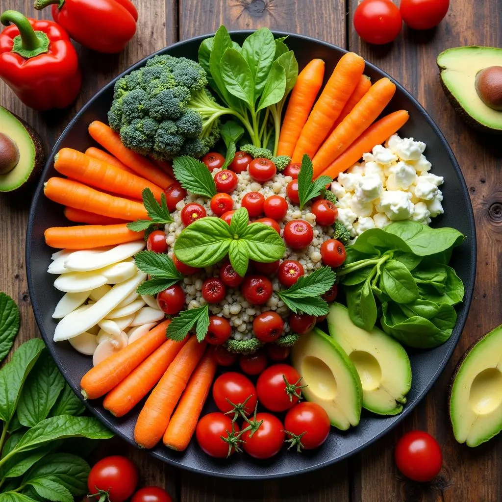 A colorful platter of fresh vegetables arranged on a rustic wooden table