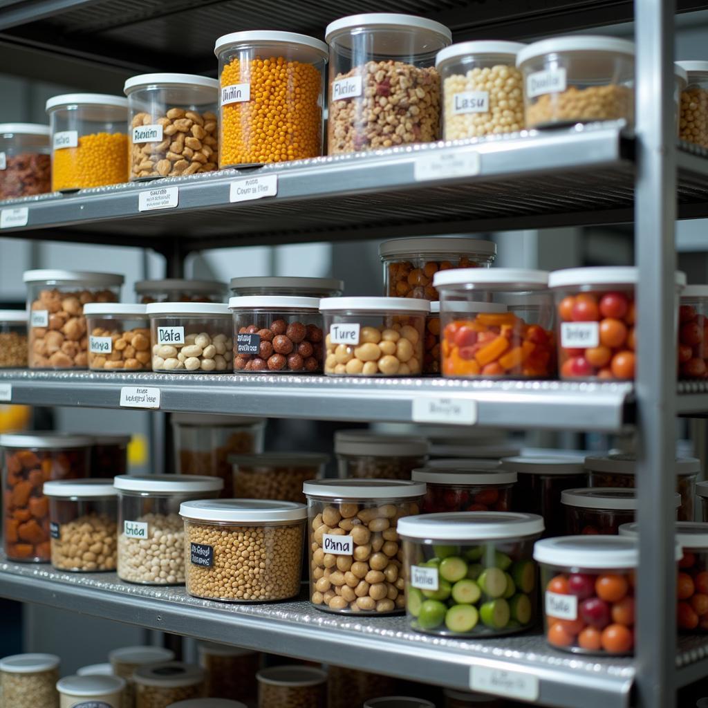 Commercial Kitchen Organized with Labeled Food Containers