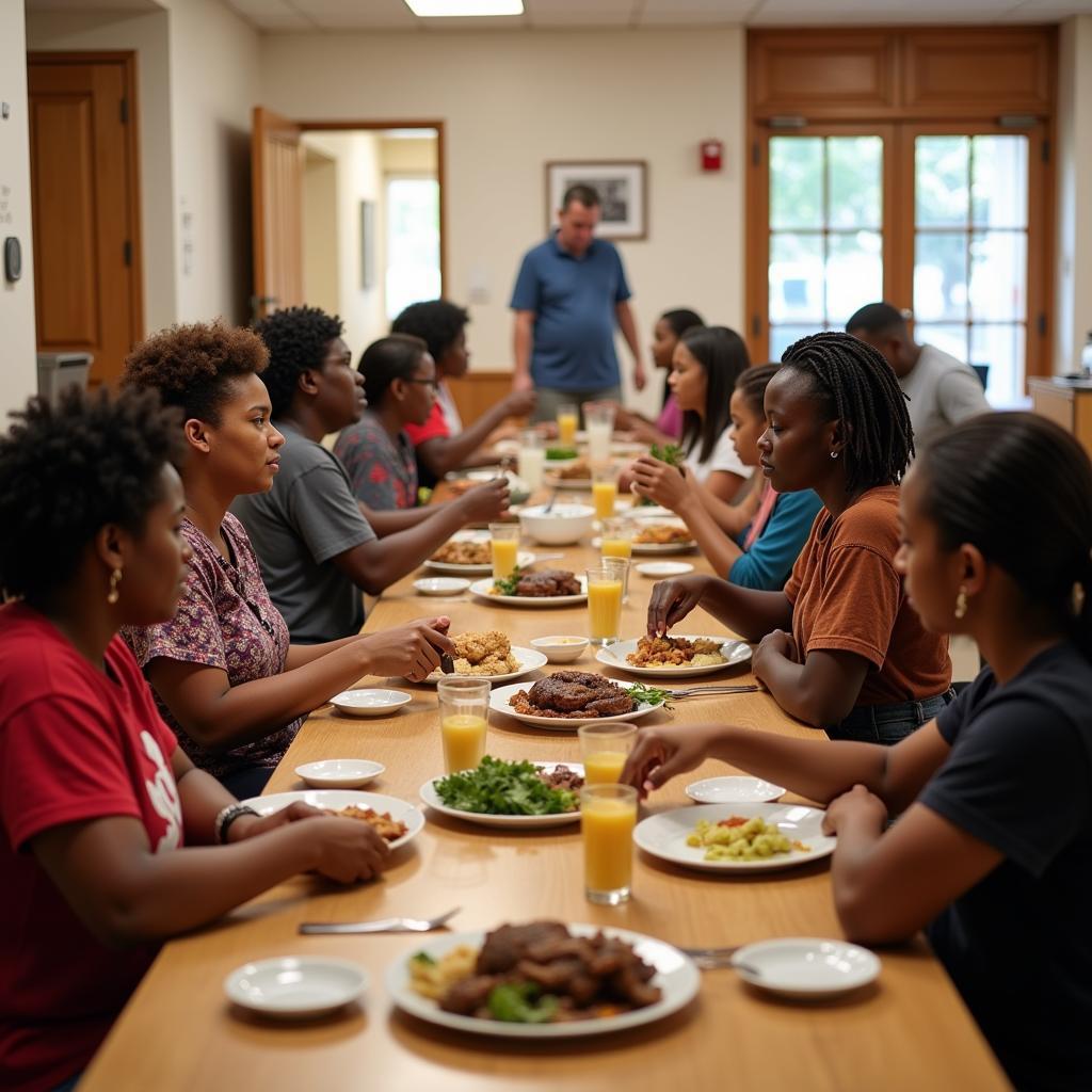 Community members enjoy a meal at a free meal program