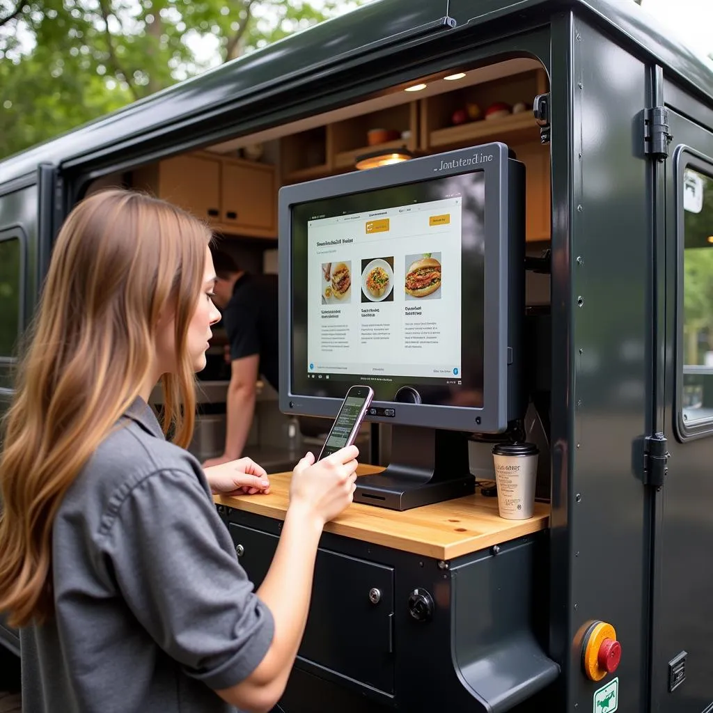 Compact self-ordering kiosk installed in a food truck