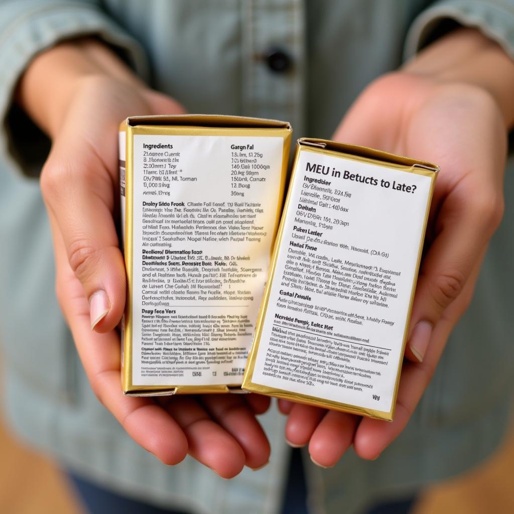 Two hands holding different cat food boxes, comparing the ingredient lists.