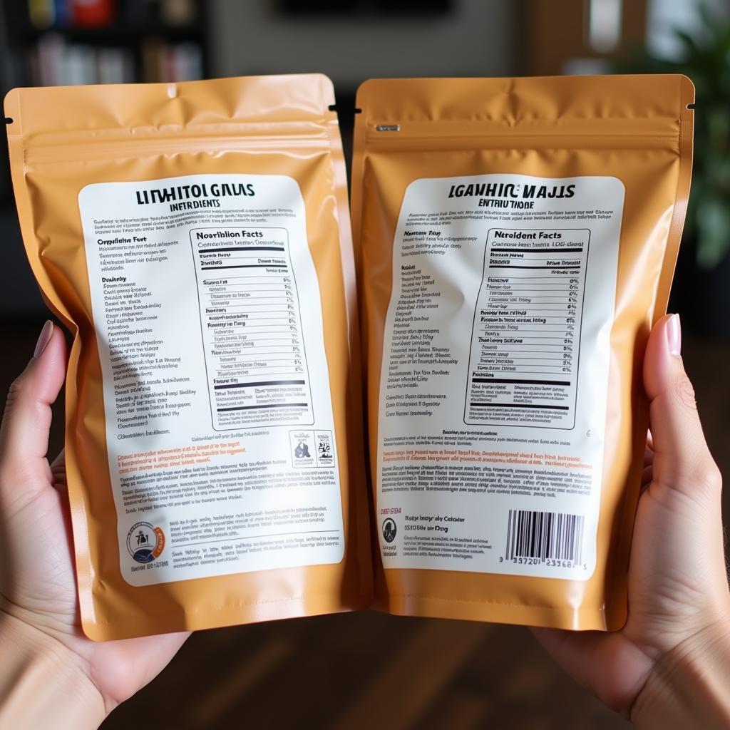 A person comparing nutritional labels on different dog food bags