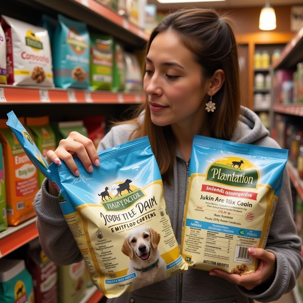 Dog owner comparing two bags of plantation dog food