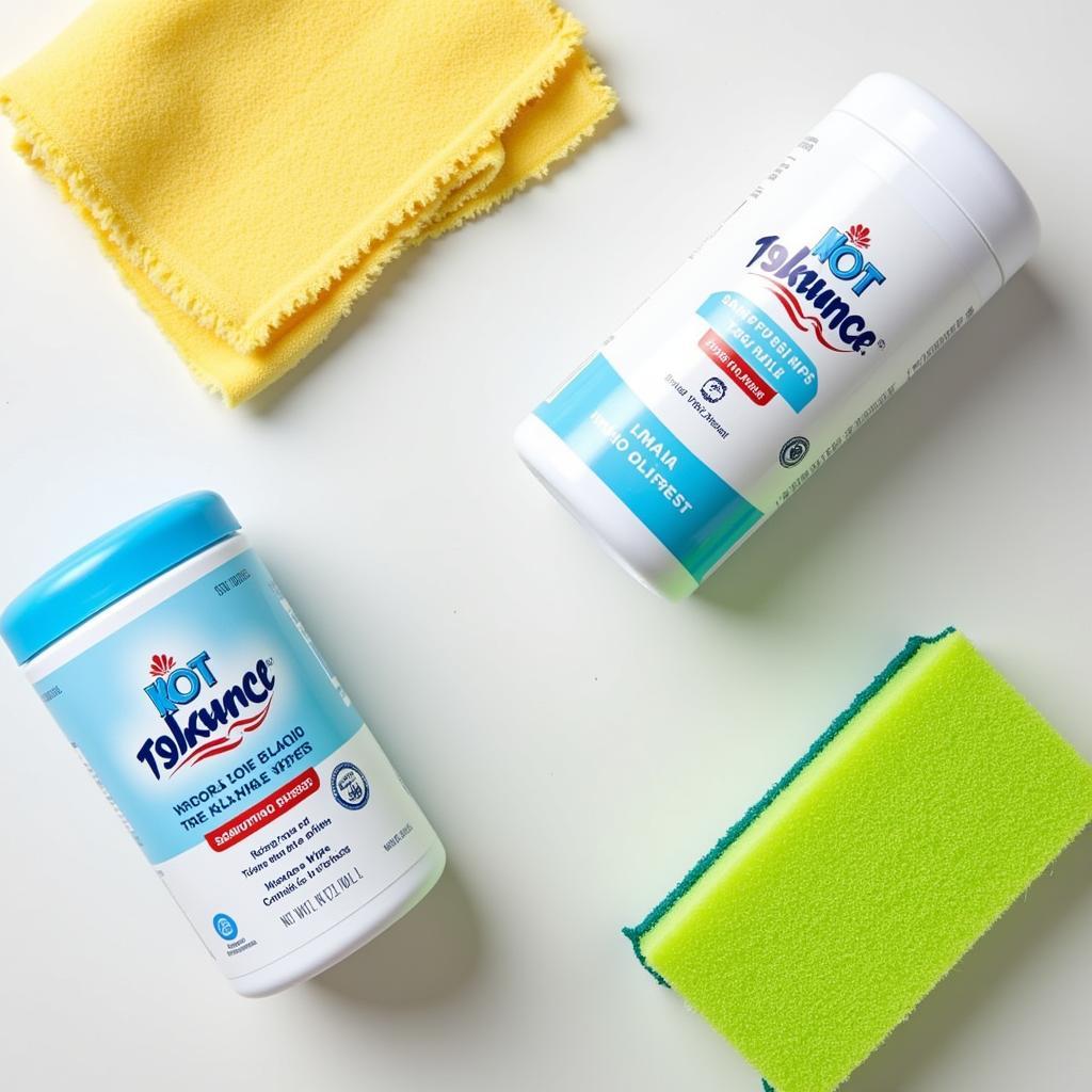 Different cleaning tools on a kitchen table: sponge, cloth, sanitizing wipes