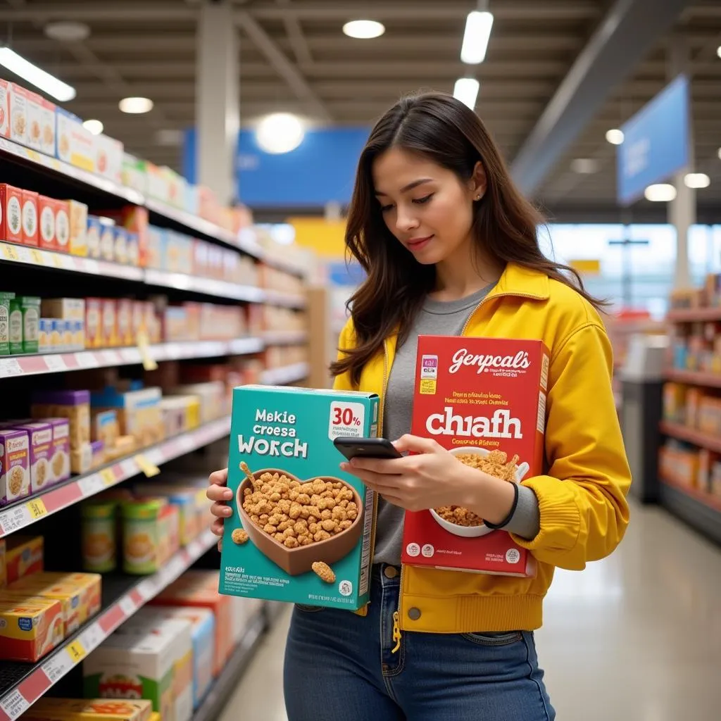 Shopper comparing unit prices on two different brands of cereal