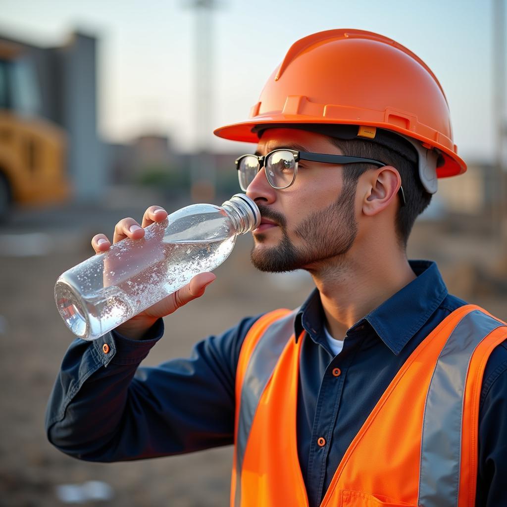 Construction worker taking a hydration break with a water bottle.