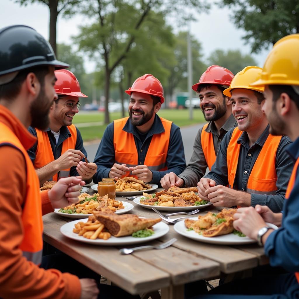 Construction workers taking a lunch break together