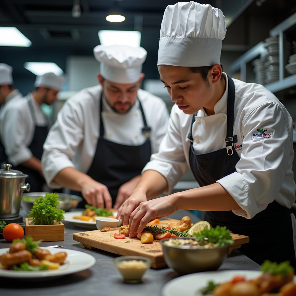 A bustling commercial kitchen with chefs preparing food