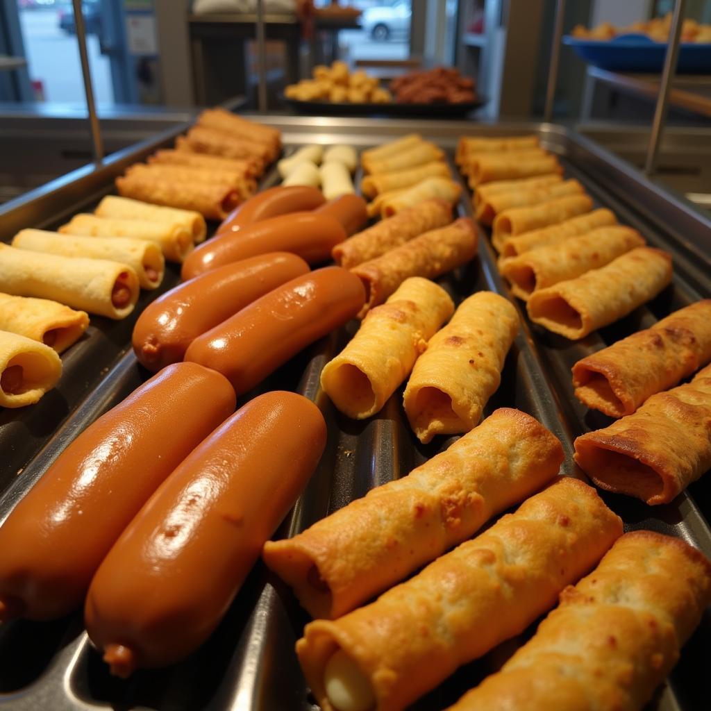 Convenience store roller grill with hot dogs and taquitos.