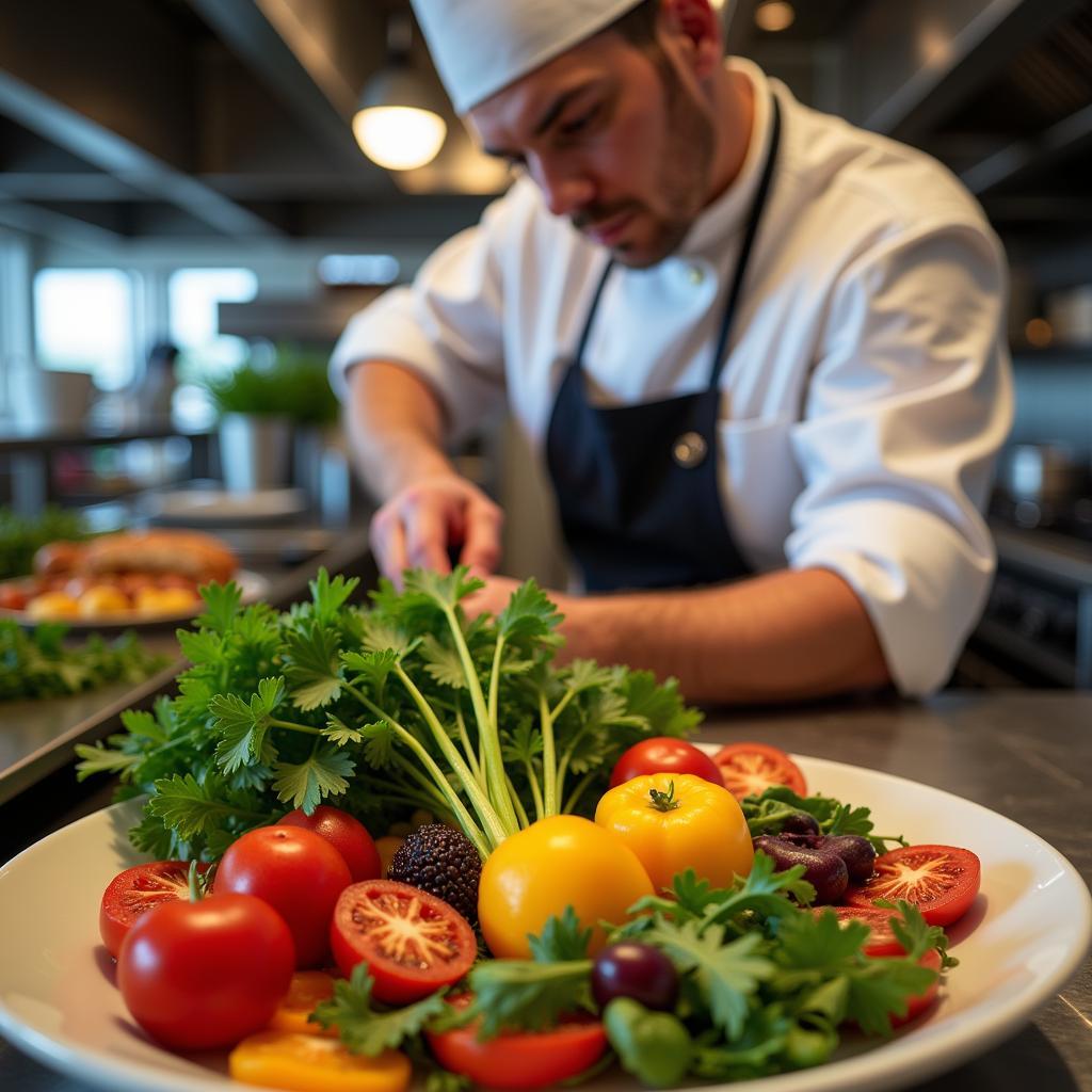 A chef preparing a dish with fresh, locally sourced ingredients