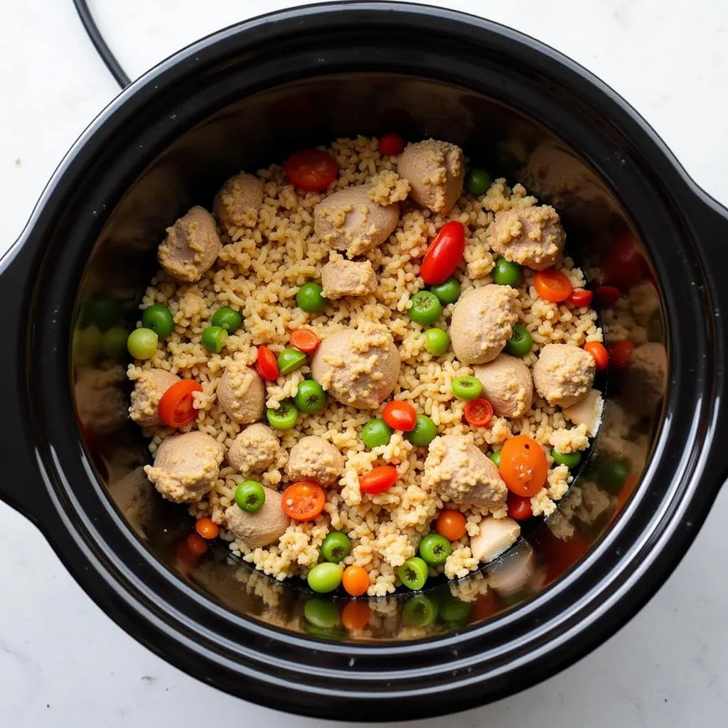 A steaming crockpot full of cooked ground turkey dog food, ready to be served.