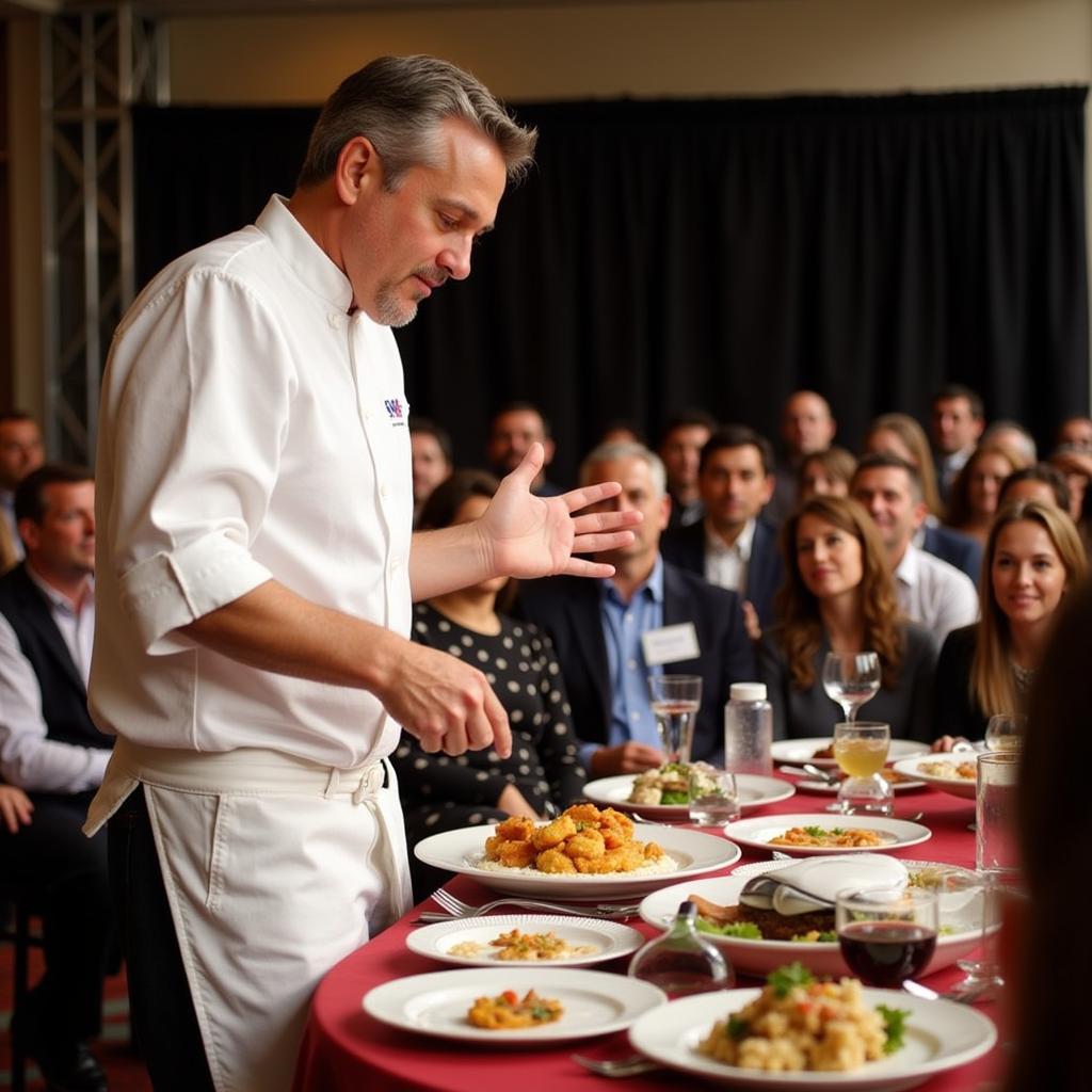 Chef leading a cooking demonstration at the PF&G Food Show