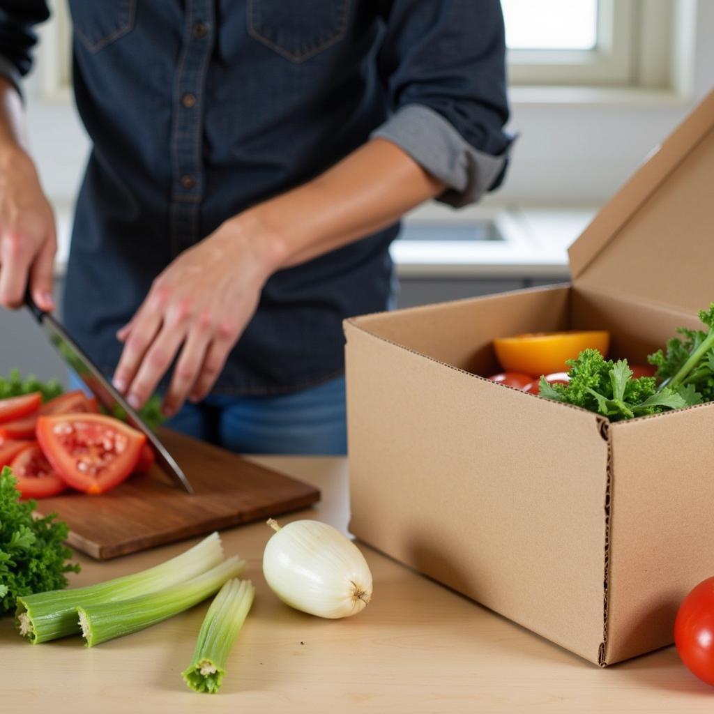 A person cooking a meal using ingredients from a food box.