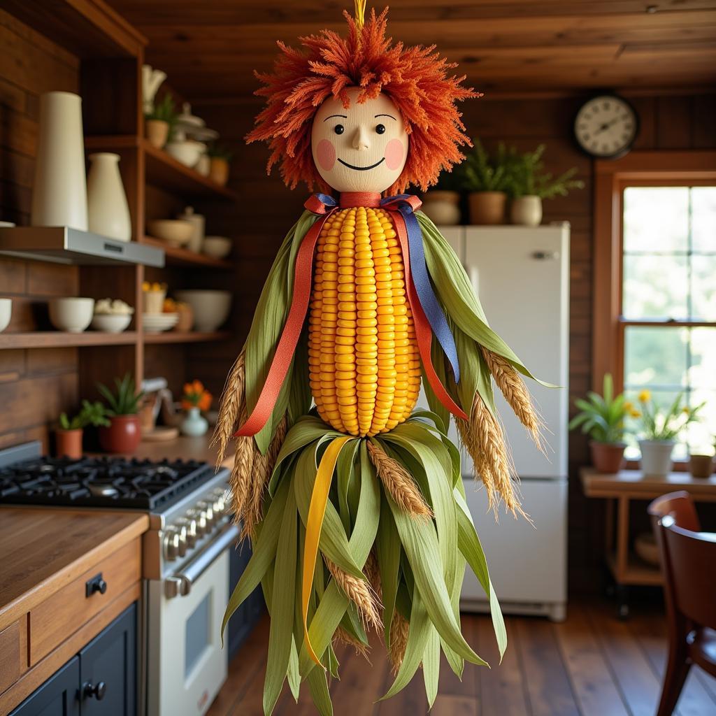 Handmade corn dolly hanging in a kitchen, decorated with ribbons.