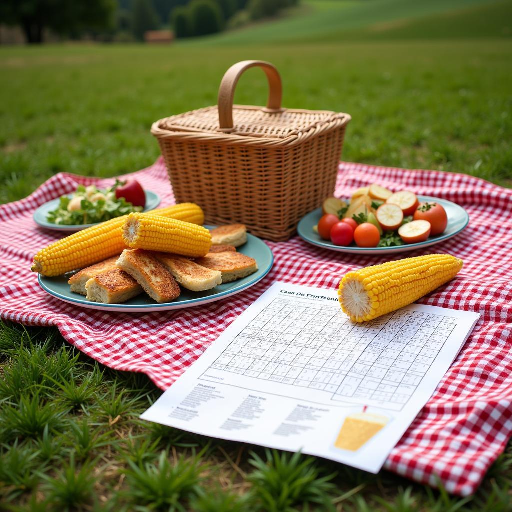 Picnic Blanket with Food Spread and Crossword Puzzle