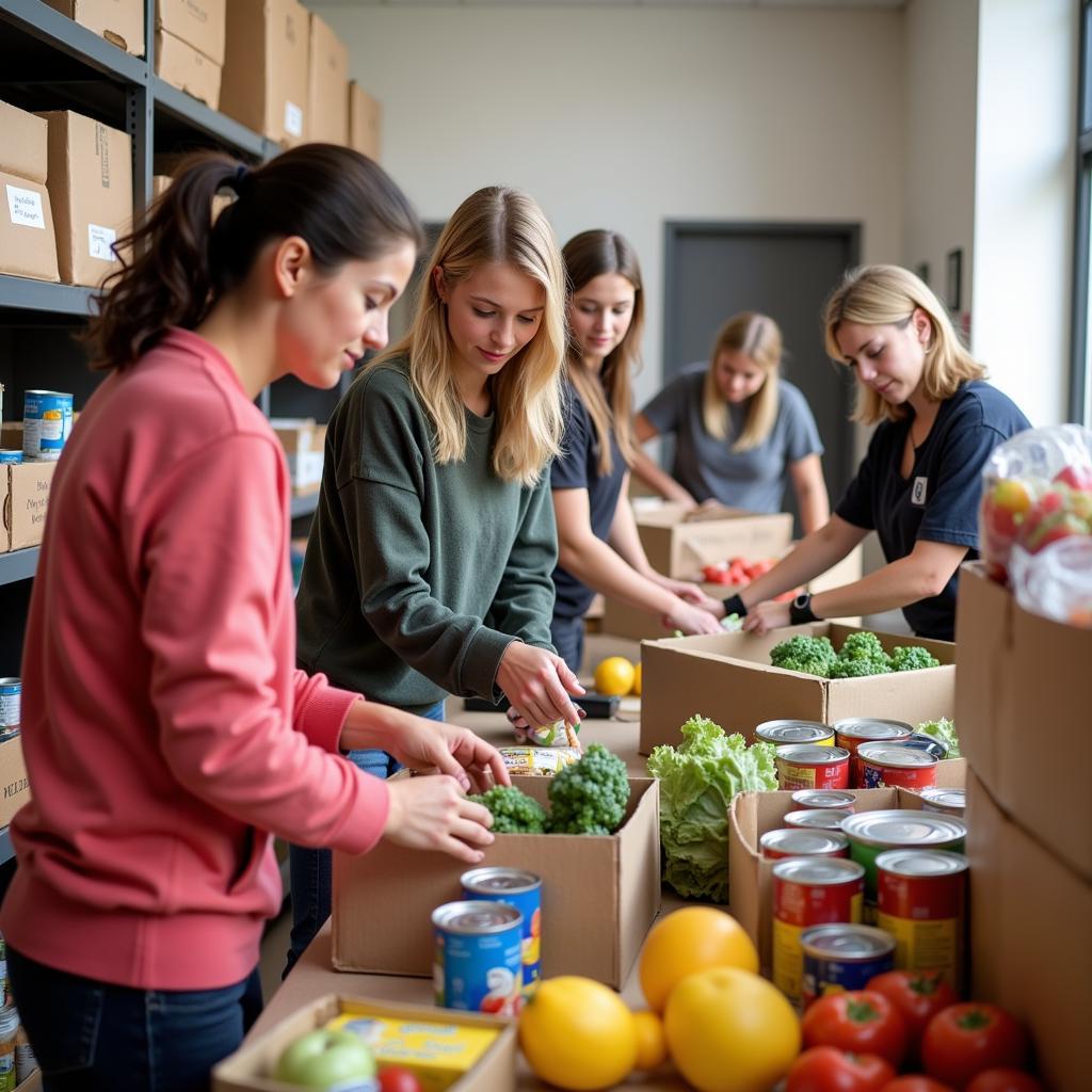 Volunteers at a cornerstone church food pantry organizing donations