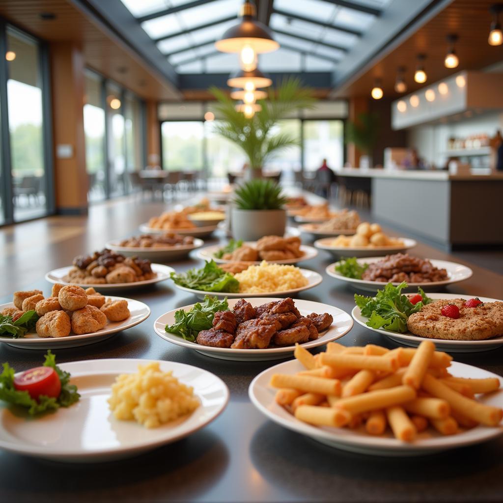 A bright and modern corporate cafeteria with employees enjoying a variety of lunch options