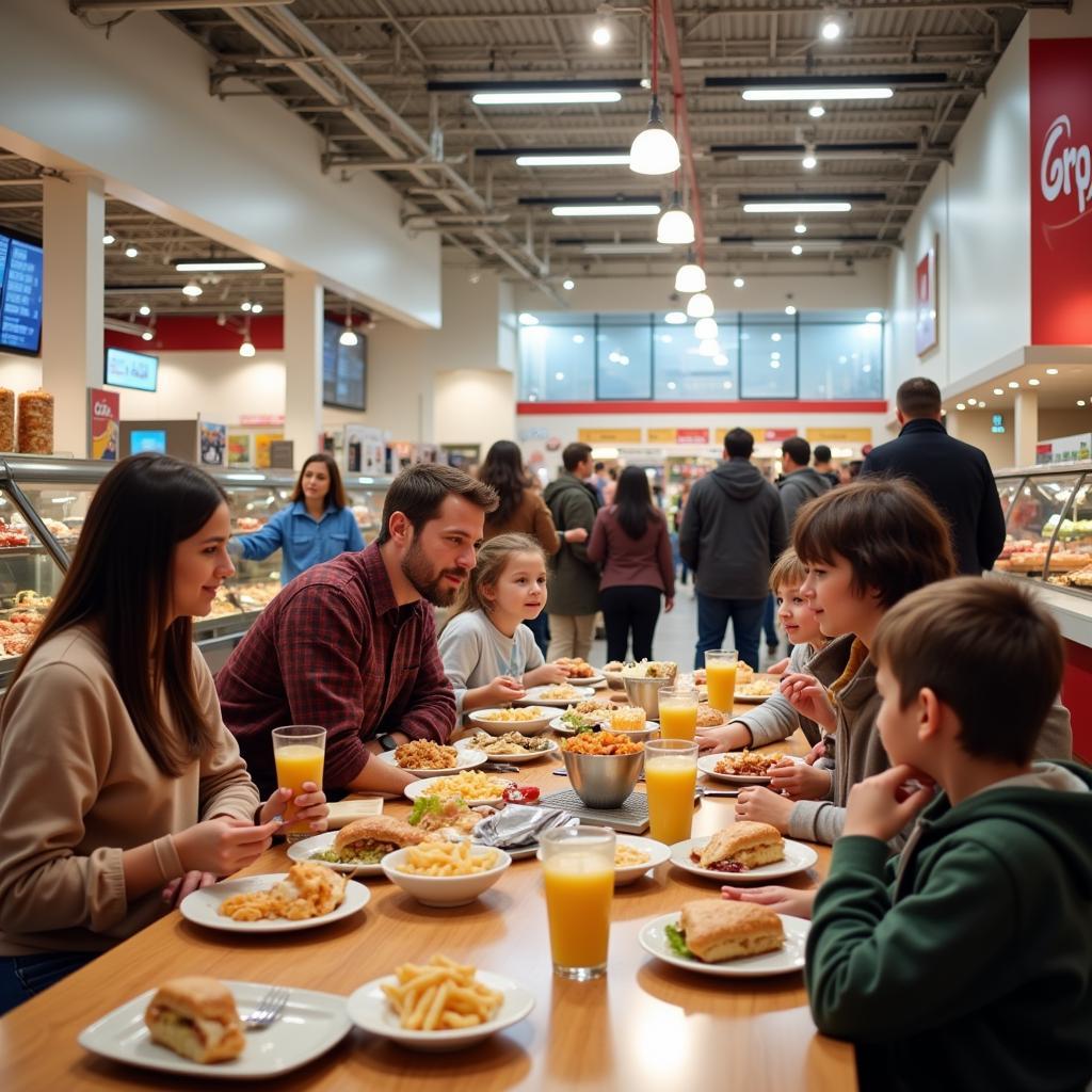 Happy customers enjoying food from the Costco food court.