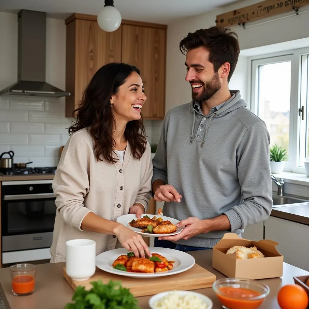 A couple enjoys cooking a fish recipe together from their food box, fostering a fun and engaging cooking experience.