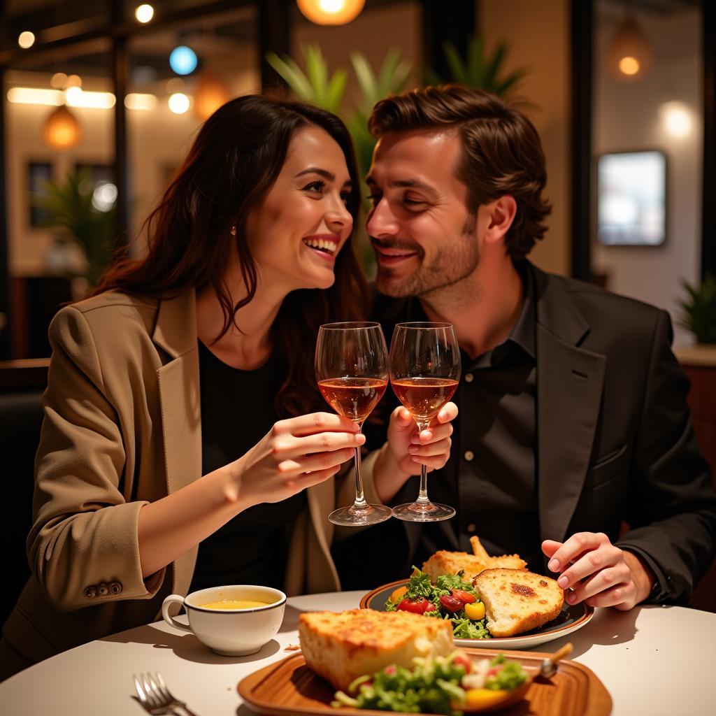 A couple enjoying dinner at a restaurant near Chartway Arena