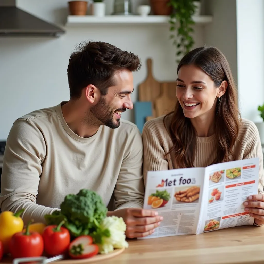 Couple planning their weekly grocery list while reviewing the Met Food supermarket circular.