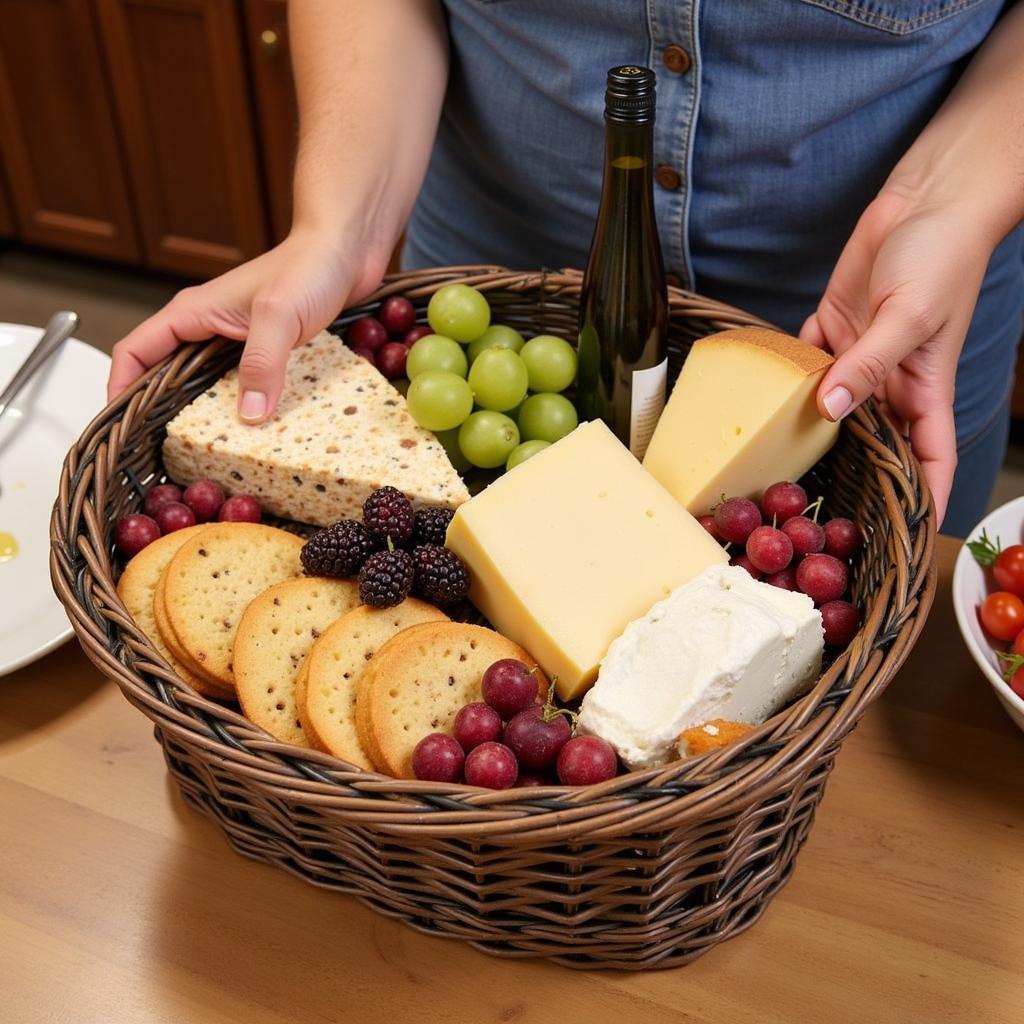 Hands arranging items in a DIY fancy food gift basket.