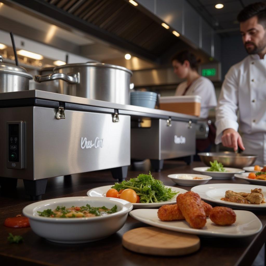 Chef Using Cres Cor Food Warmer in a Busy Kitchen