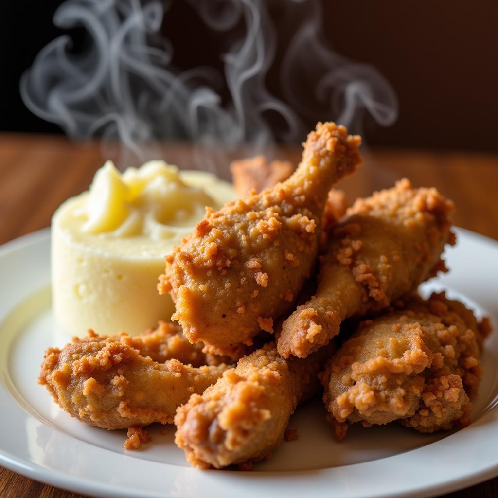 Crispy fried chicken served with a generous side of creamy mashed potatoes.