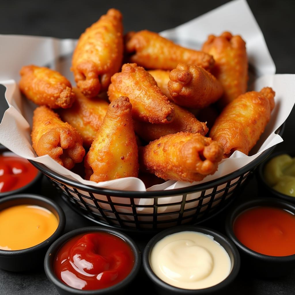 Close-up of crispy, golden spud wings with an assortment of dipping sauces