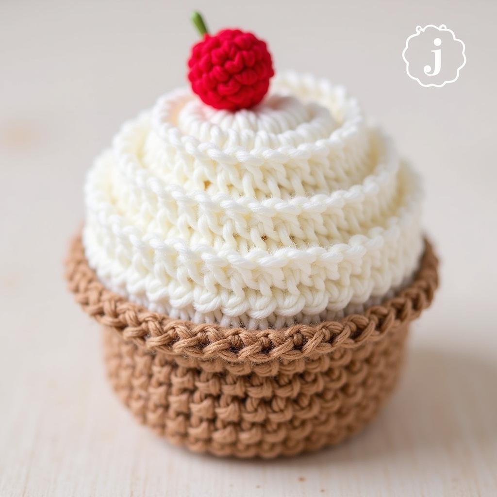 A beginner-friendly crochet amigurumi cupcake project with yarn and a crochet hook.