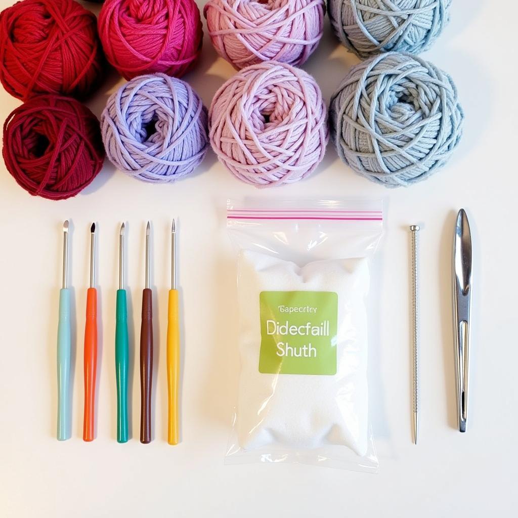 Essential supplies for crocheting amigurumi food, including yarn, crochet hooks, stuffing, and a tapestry needle.