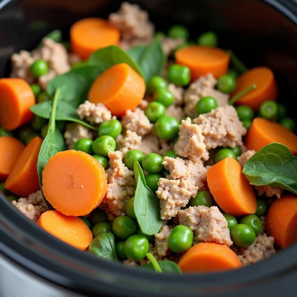 A colorful array of ingredients for crockpot dog food with ground turkey.