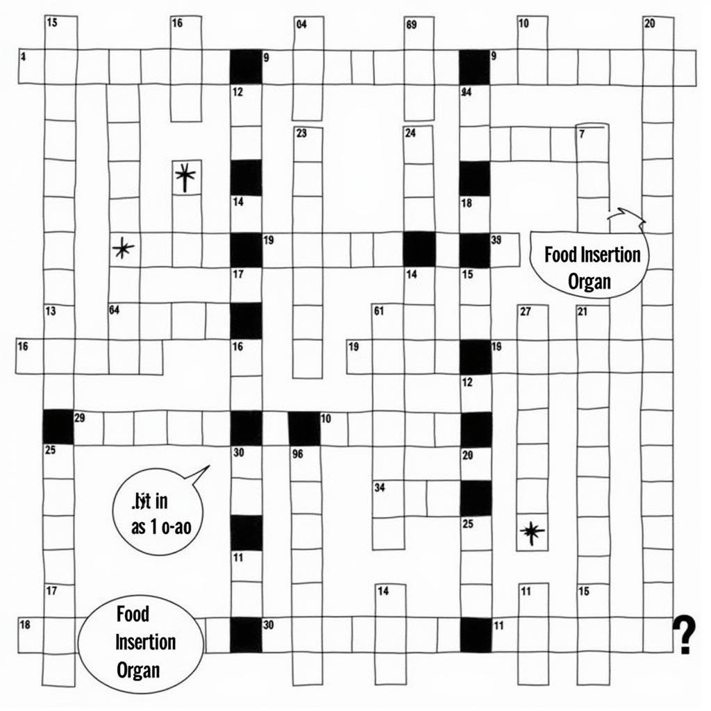 A crossword puzzle with various food-related clues, including one that reads "Food Insertion Organ."