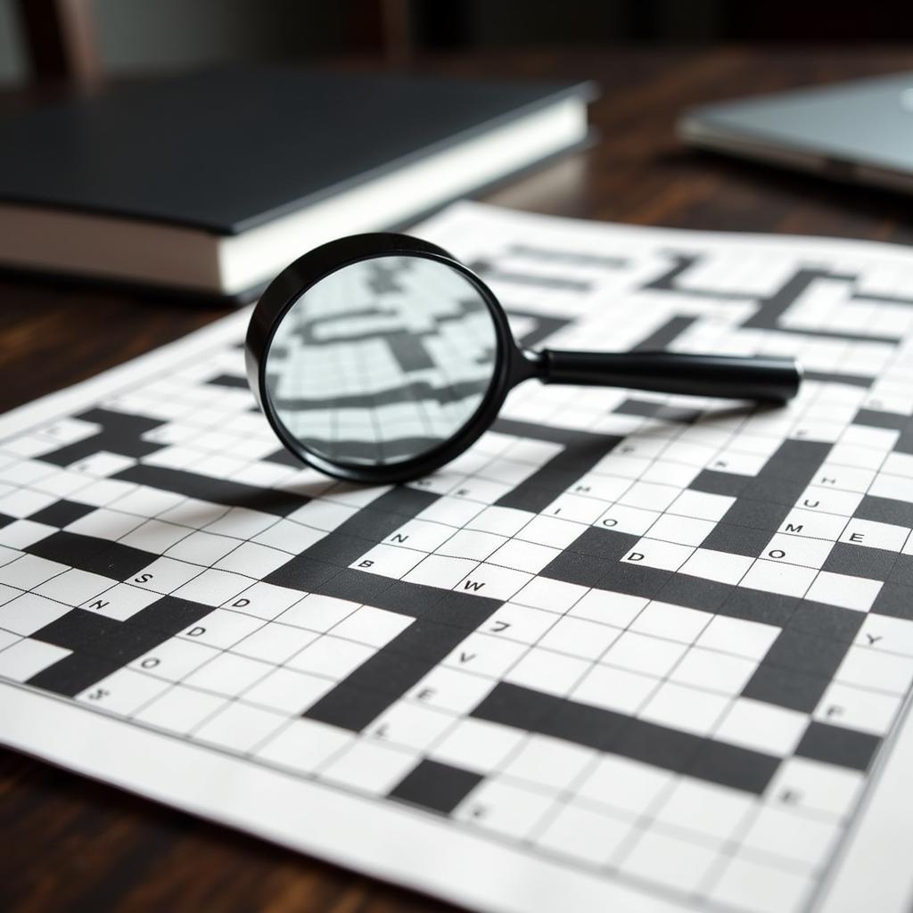 Crossword puzzle with a magnifying glass highlighting the clue