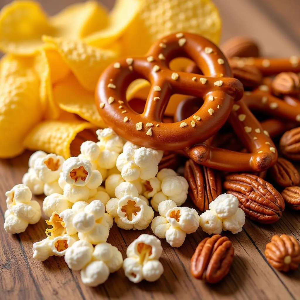  A close-up shot of a variety of crunchy munchie foods.