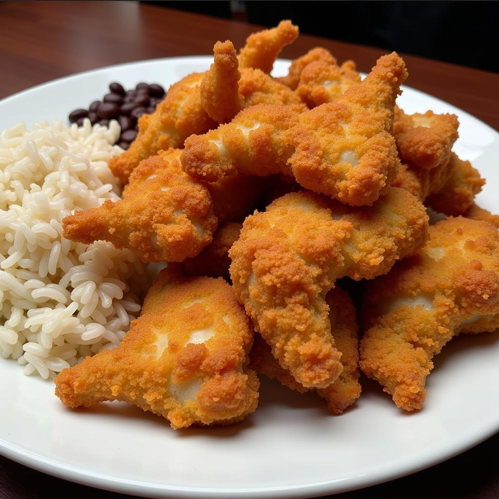 Cuban-style cazón empanizado served with rice and beans