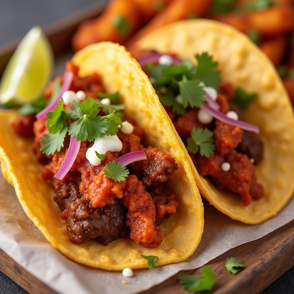 Close-up of Cuchillo Food Truck's Korean BBQ Tacos and Kimchi Fries